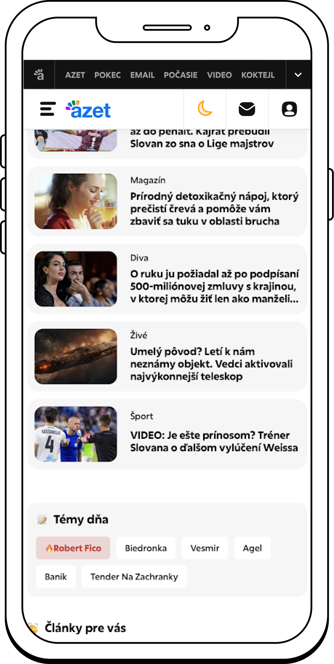 Smartphone showing Azet.sk website statistics and content